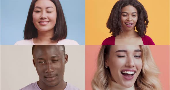 Creative Collage of Young Playful Diverse People Smiling and Winking at Camera Over Colorful alt