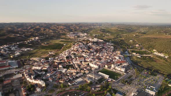 Silves, Algarve, Portugal. Panoramic aerial view of city and surroundings. alt