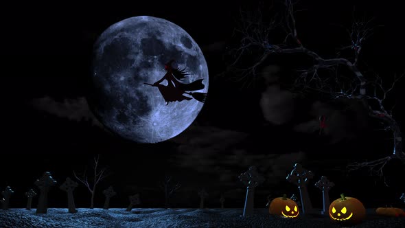 On All Saints Day, a witch flies against the background of the moon.