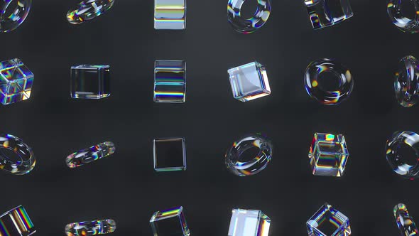 3d glass rotating cubes and toruses.