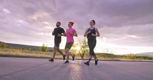 Multiethnic Group of Athletes Running Together on a Panoramic Countryside Road alt