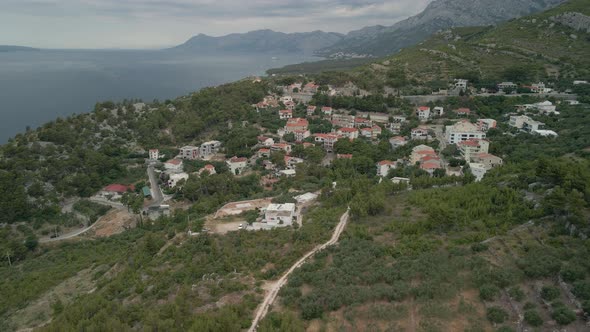 Aerial View of the Town of Krvavica in Croatia with a Beautiful Coast in the Background