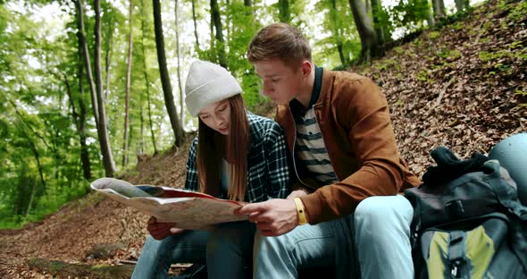 Tourists with Backpacks in Forest Map