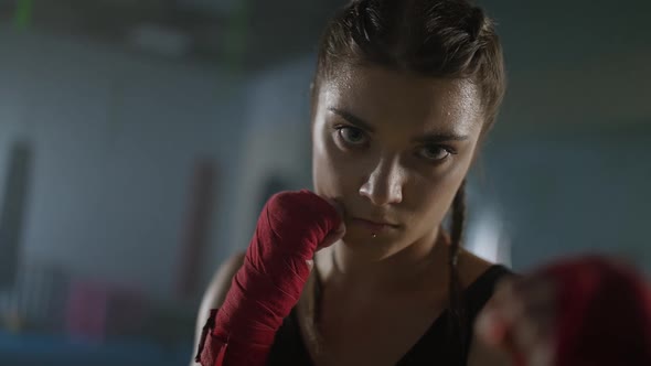 Woman Power Portrait of a Female Fighter Stands in a Combat Stance and ...