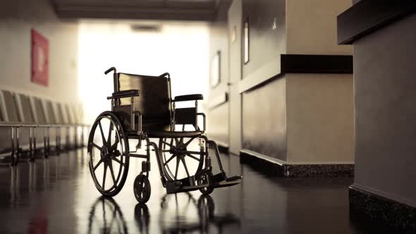 Zooming view of a wheelchair in the hospital hallway. Inspiring environment. HD alt