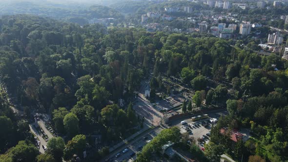 Aerial Shot The City Of Lviv. Lychakiv Cemetery Museum Reserve. Ukraine alt