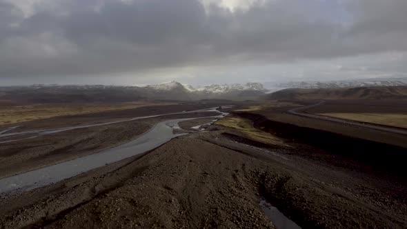 Winter landscape aerial view in Iceland with rivers coming from the mountains
