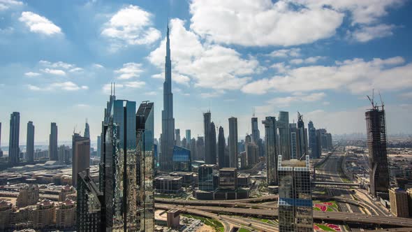 Timelapse of Modern City Center with Tall Skyscrapers in Dubai City Center alt