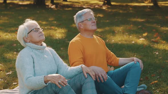 Portrait of Happy Senior Couple Meditating in Autumn Park. Wellbeing Concept