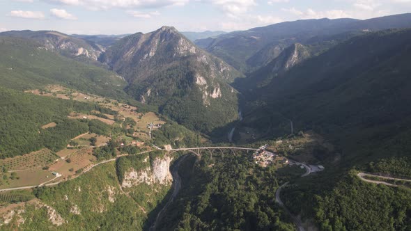 Aerial view of Tara river canyon, mountains and bridge, Montenegro, Europe alt
