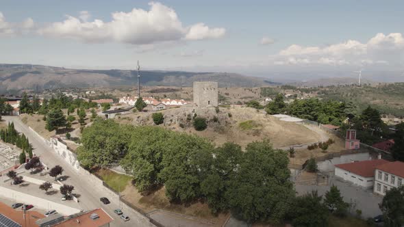 Aerial orbit of the medieval Castle of Guarda in the homonymous municipality