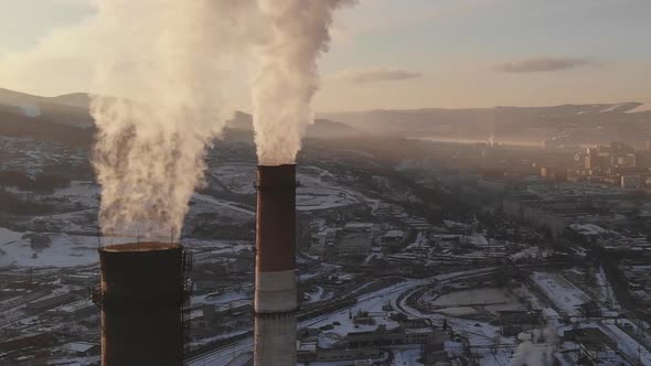Aerial View of Smoke Rising from the Chimney of a Coal Boiler