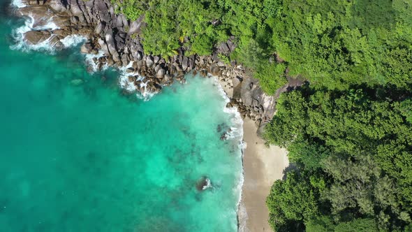 Aerial view of waves crashing into secret cove, sea and forest Mahe Seychelles