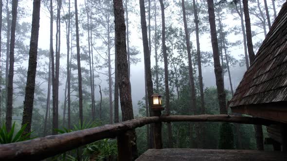 A lamp light outside a log cabin in the woods