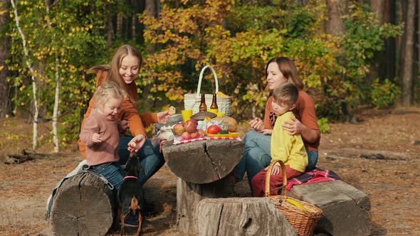 Mothers with Children and a Dog at a Picnic in the Forest alt
