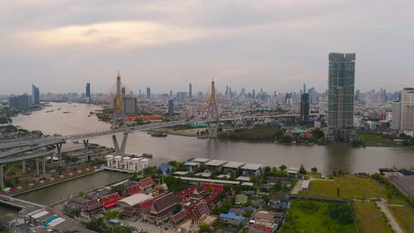 Aerial view of Bhumibol Bridge and Chao Phraya River in structure of suspension architecture alt