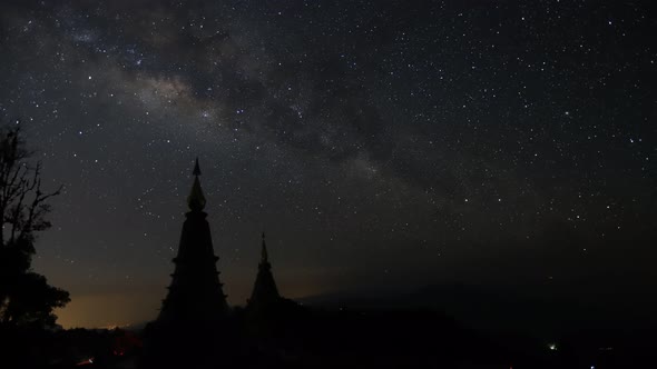 Time lapse of milky way over two pagoda at Doi Inthanon mountain nation park - Chiang Mai,Thailand