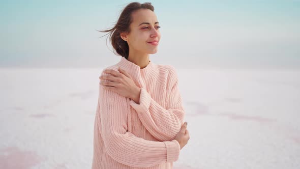 Close Up Portrait Carefree Woman in Pink Knitted Sweater in Beautiful Nature Landscape Looks Like alt