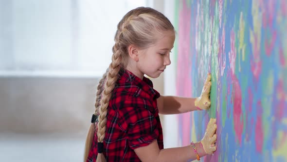 Portrait Girl Braces Multicolored Palms Draws Paints Wall During Renovation Entertainment Children alt