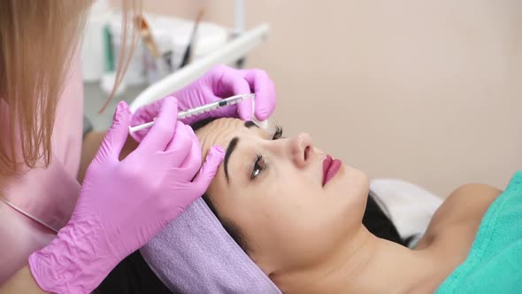 Young beautiful dark-haired woman gets rejuvenating facial injections. alt