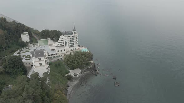 Tsikhisdziri, Georgia - November 8 2021: Aerial view of Castello Mare Hotel alt