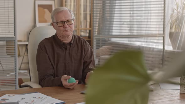 Senior Office Worker Throwing Anti-Stress Massage Ball in Hands alt