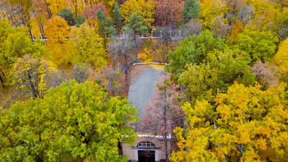 Aerial railway line shed in yellow autumn forest