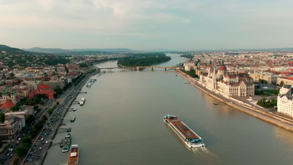 Aerial View of Budapest Cityscape  Parliament Danube River and Margaret Island