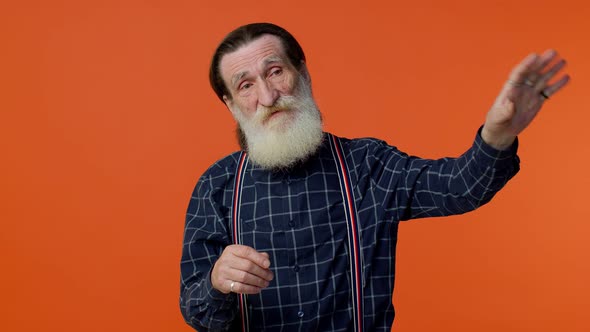 Senior Old Bearded Man Pointing Finger Away Asking to Leave Him Alone Strict Boss Firing Conflict alt