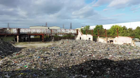 Aerial View of a Warehouse Destroyed By Fire and Filled with Waste Junk, Margate, Kent, UK