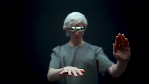 Virtual Reality Headset Person Exploring Futuristic Cyberspace alt