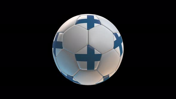 Soccer ball with flag Finland, on black background loop alpha