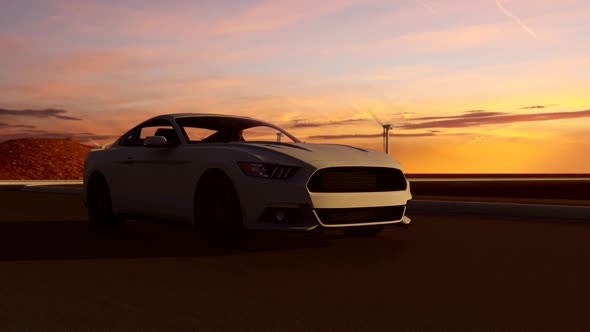 White Luxury Sports Car Sunset View