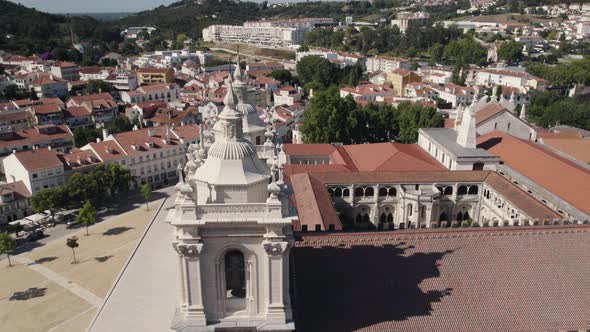 Architectural details of  Baroque style church towers, Monastery of Alcobaça, Portugal, Aerial view alt