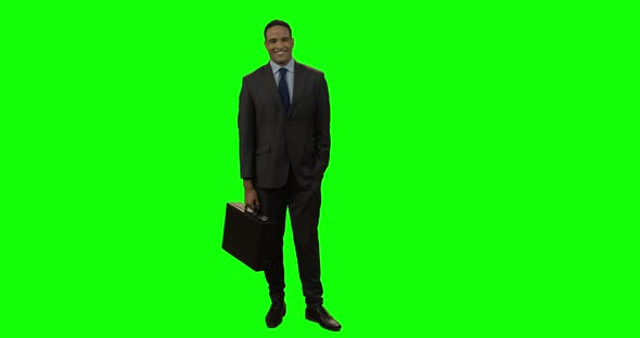Portrait of smiling businessman standing with briefcase alt