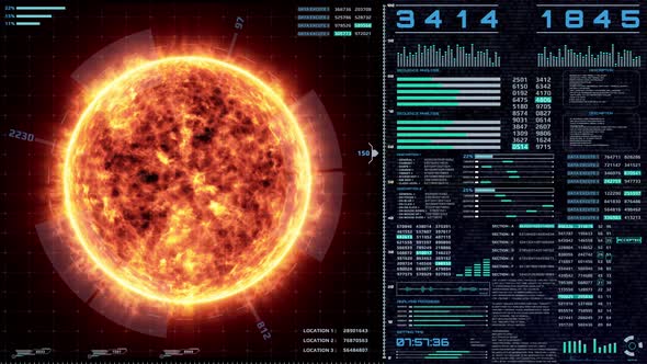 UI Futuristic Brilliant Solar Sun With Power Transmission Report Digital Data Panel Interface