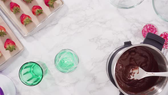 Flat lay. Step by step. Melting chocolate chips in chocolate melting pots.