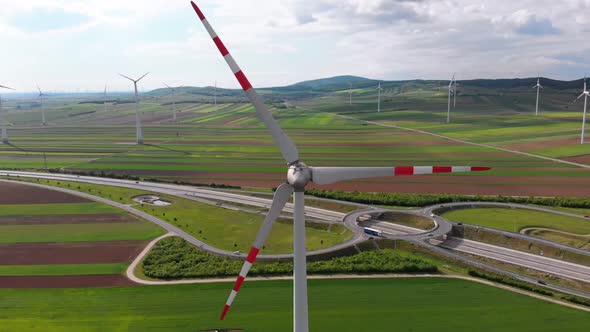 Aerial View of Wind Turbines Farm and Agricultural Fields, Austria alt