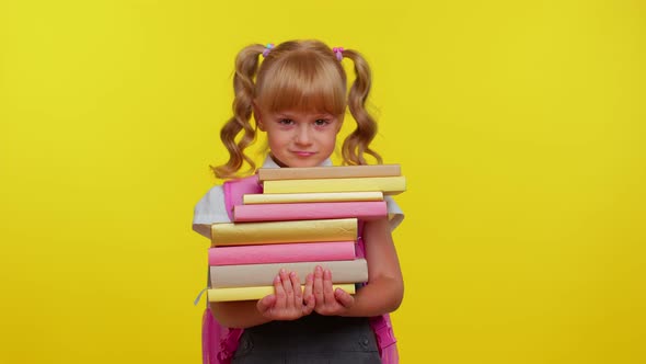 Tired Nerdn School Girl Kid Wear Backpack Holding Stack of Books Looks Exhausted Sad of Homework alt