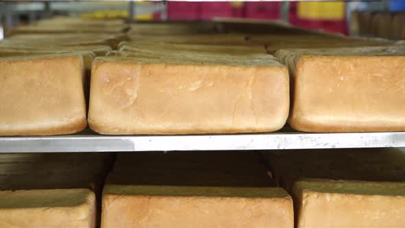 Production of Bakery Products Close Up, Freshly Baked Ruddy Bread Close Up, Lying on the Shelves  alt