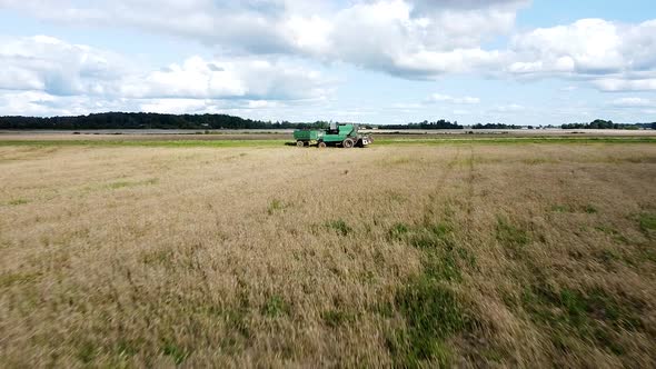 Aerial view of a green vintage combine harvester mows wheat in the field for the food industry, yell alt