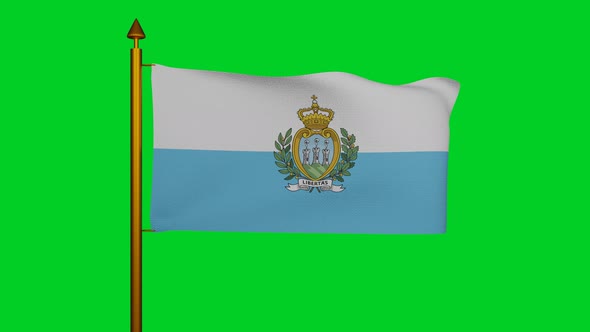 National flag of San Marino waving with flagpole on chroma key, Republic of San Marino flag textile alt