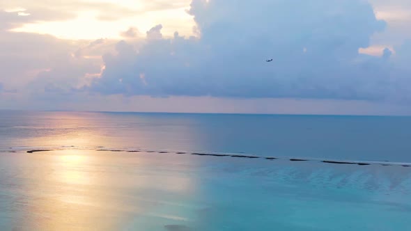 Water Plane Flyuing Along Maldive Paradise Tropical Island