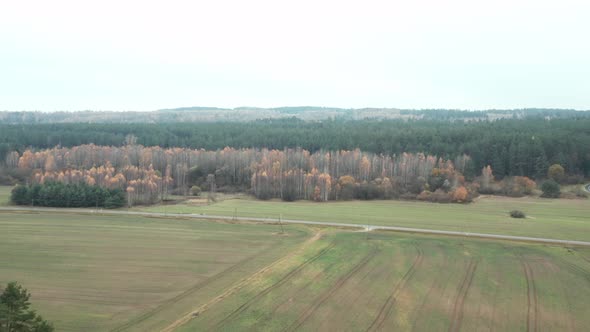 AERIAL: Plains with Forest and Empty Road in Background