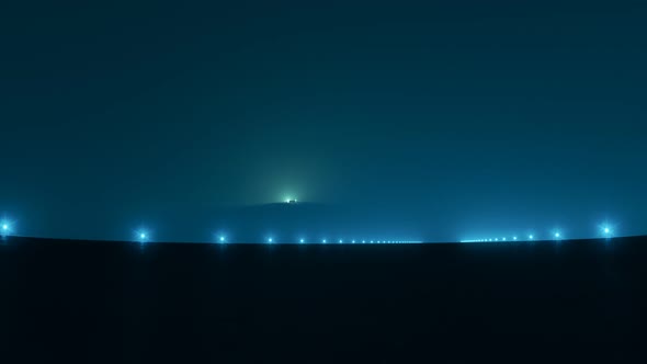 Extraterrestrial spacecraft (UFO) landing on a strip during a foggy night. 4KHD alt