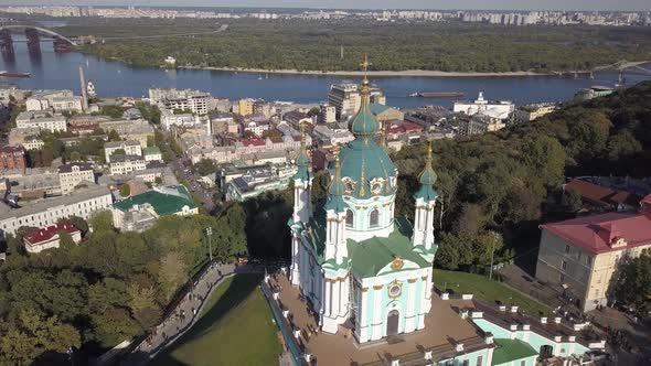 Aerial Top View To St Andrew Church in Kiev alt