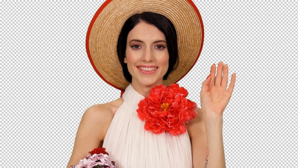 Portrait of Smiling Girl in Straw Hat and White Dress Waving Hello, Alpha Channel