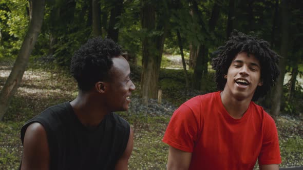 Two Happy African Male Friends Talking Spending Time Together Outdoors alt