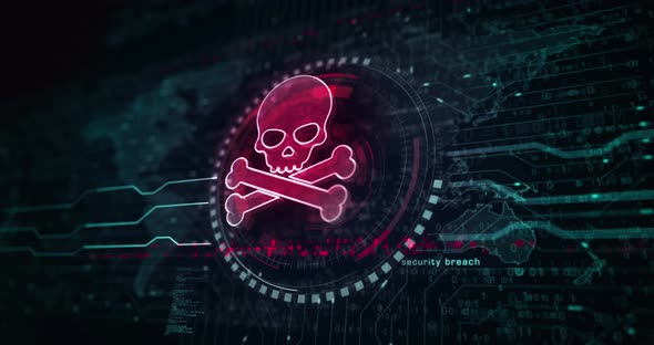 Skull pirate and online cyberattack symbol loop digital concept alt