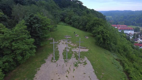 Bird'seye View of Three Crosses on the Mountain alt